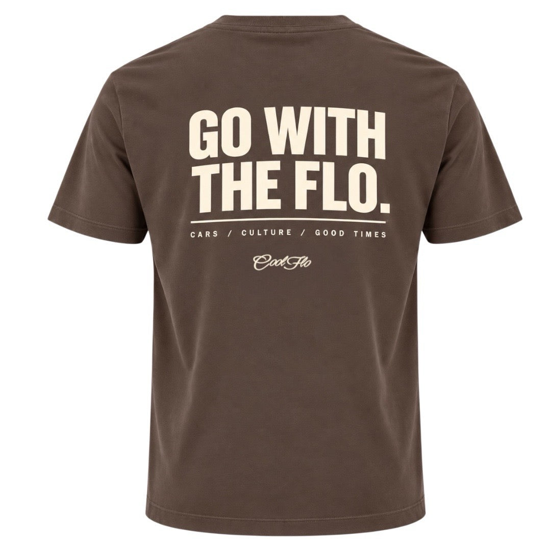 Back view of Cool Flo mocha t-shirt, featuring a  cream graphic print that reads 'GO WITH THE FLO.' with the strapline 'CARS/CULTURE/GOOD TIMES' and a central 'Cool Flo' logo below.