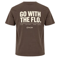 Back view of Cool Flo mocha t-shirt, featuring a  cream graphic print that reads 'GO WITH THE FLO.' with the strapline 'CARS/CULTURE/GOOD TIMES' and a central 'Cool Flo' logo below.