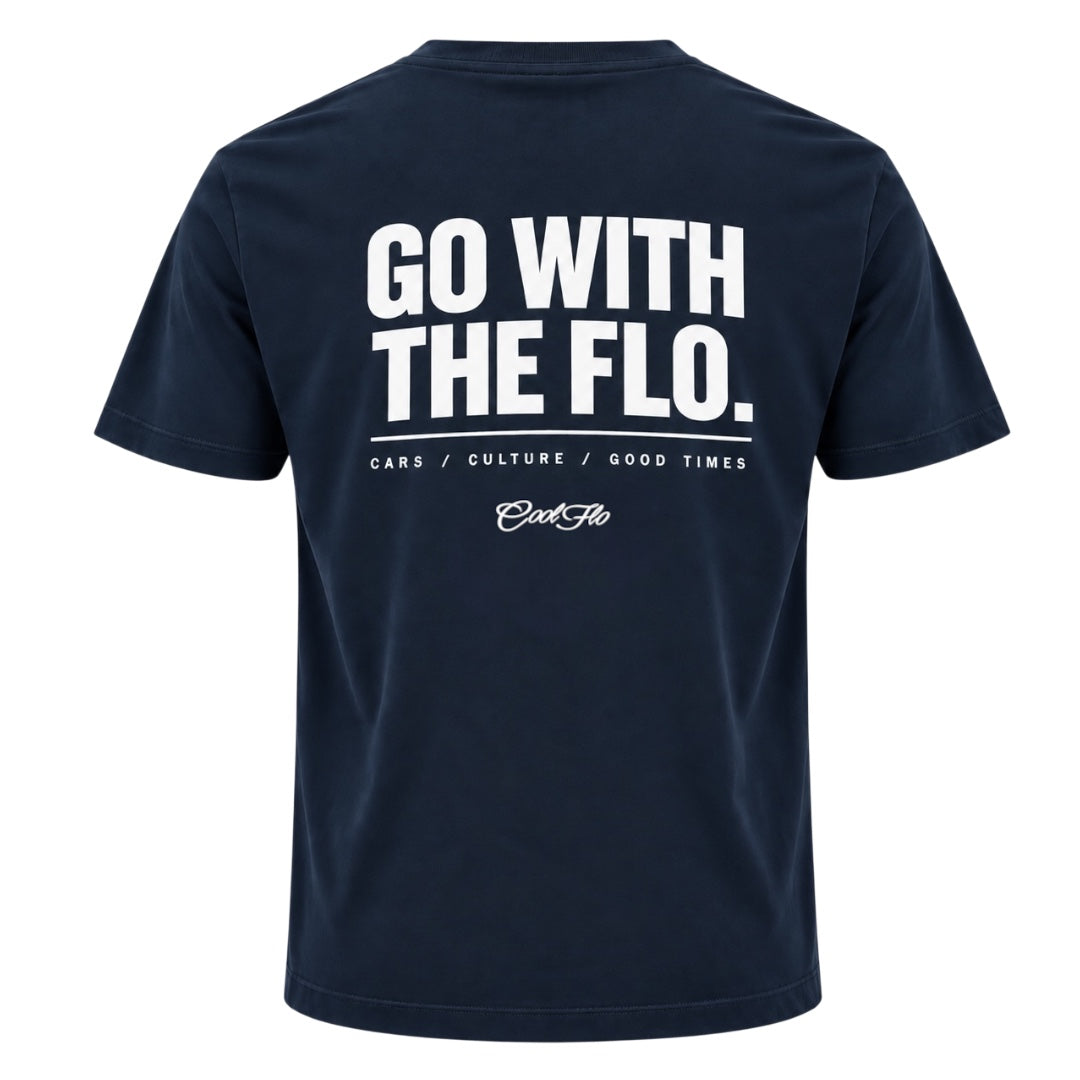 Back view of Cool Flo navy t-shirt, featuring a  white graphic print that reads 'GO WITH THE FLO.' with the strapline 'CARS/CULTURE/GOOD TIMES' and a central 'Cool Flo' logo below.