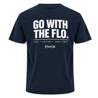 Back view of Cool Flo navy t-shirt, featuring a  white graphic print that reads 'GO WITH THE FLO.' with the strapline 'CARS/CULTURE/GOOD TIMES' and a central 'Cool Flo' logo below.