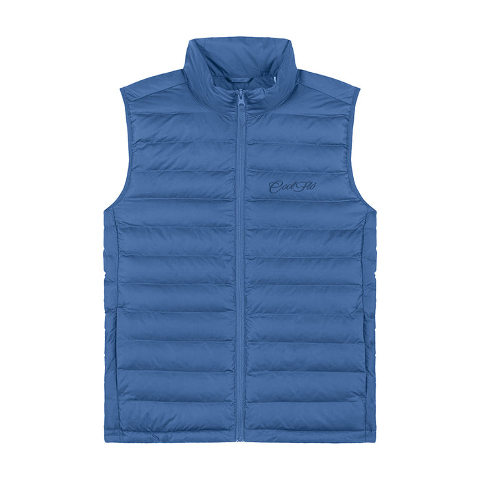 Blue gilet with matching Cool Flo script logo embroidered on the left.