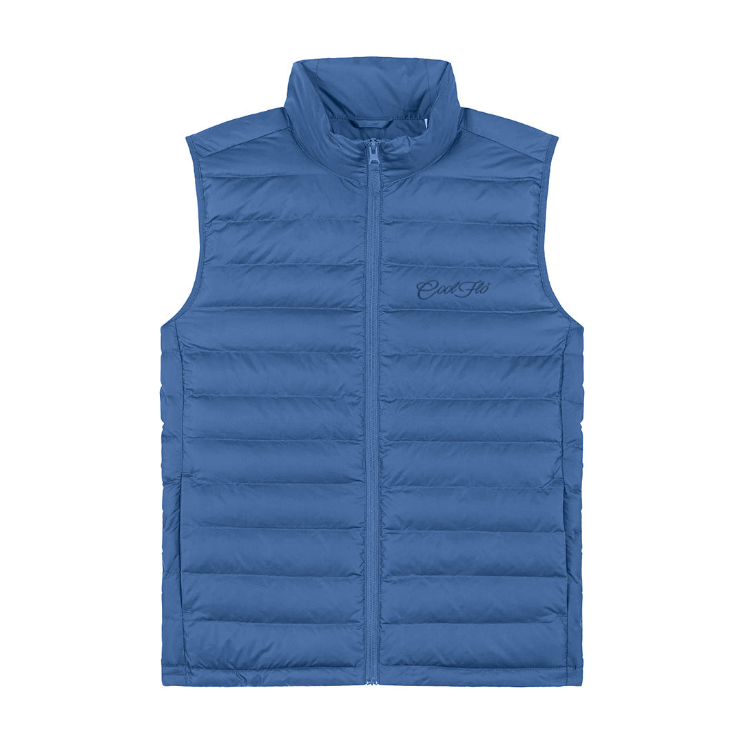 Blue gilet with matching Cool Flo script logo embroidered on the left.