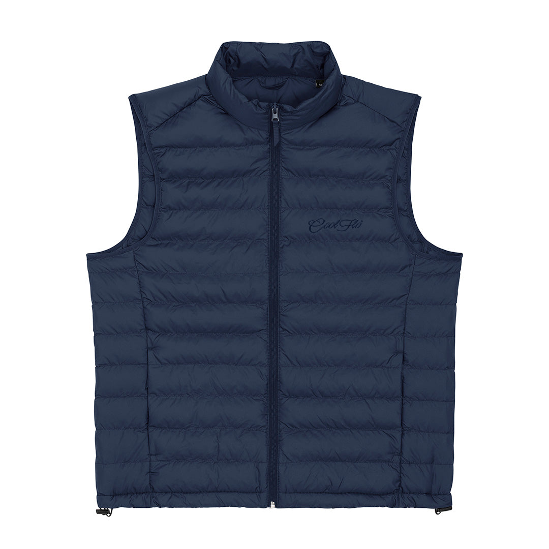 Navy blue gilet with matching Cool Flo script logo embroidered on the left.