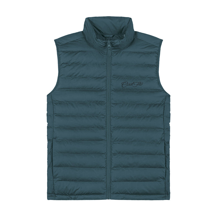 Teal gilet with matching Cool Flo script logo embroidered on the left.