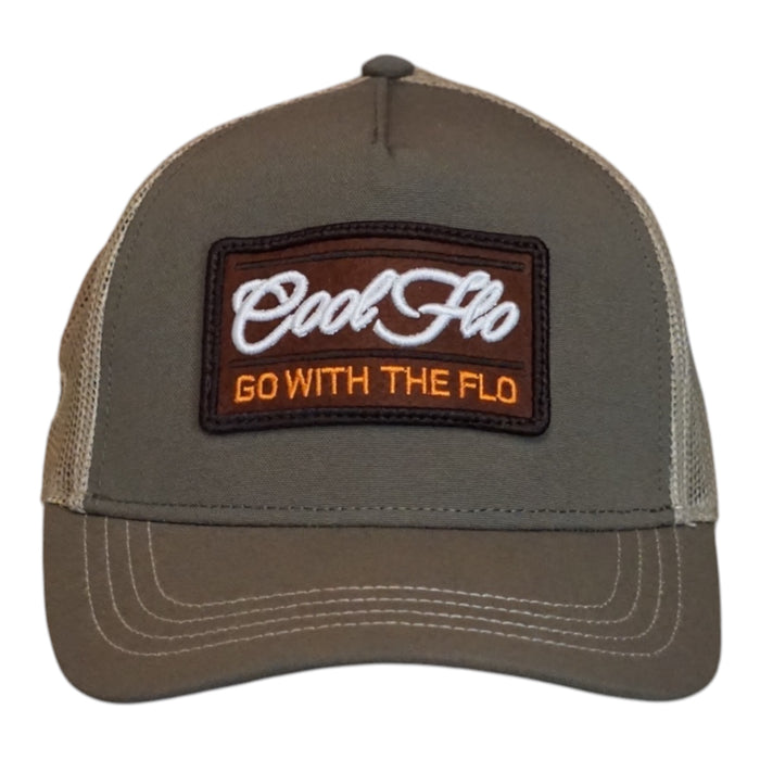 Cool Flo Olive and Khaki Trucker featuring a Go With The Flo badge in brown, white and orange and CF89 side emboridery in olive on khaki. 