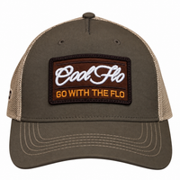 Cool Flo Olive and Khaki Trucker featuring a Go With The Flo badge in brown, white and orange and CF89 side embroidery in olive on khaki. 