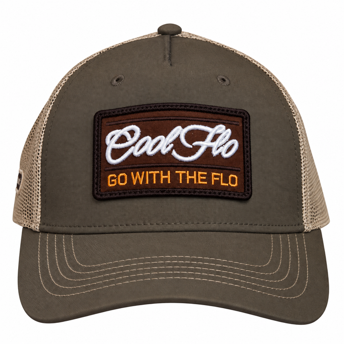 Cool Flo Olive and Khaki Trucker featuring a Go With The Flo badge in brown, white and orange and CF89 side embroidery in olive on khaki. 