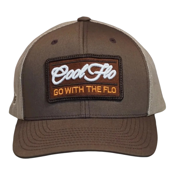 Front view of a Cool Flo Go With The Flo trucker cap in Brown/Khaki featuring an embroidered Go With The Flo badge and curved visor