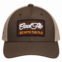 Front view of a Cool Flo Go With The Flo trucker cap in Brown/Khaki featuring an embroidered Go With The Flo badge and curved visor.