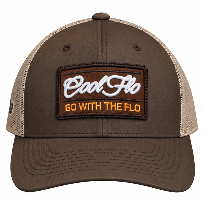 Front view of a Cool Flo Go With The Flo trucker cap in Brown/Khaki featuring an embroidered Go With The Flo badge and curved visor.