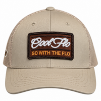 Front view of a Cool Flo Go With The Flo trucker cap in Khaki featuring an embroidered Go With The Flo badge and curved visor.