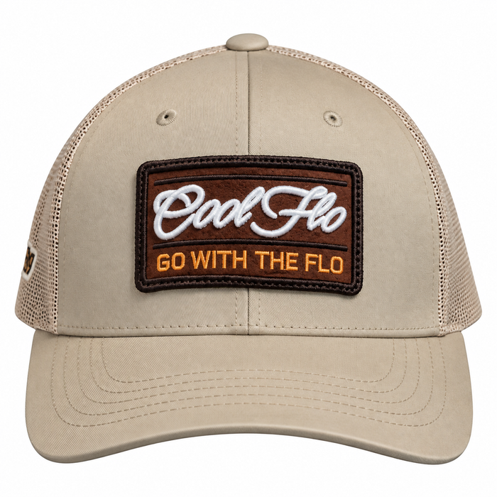 Front view of a Cool Flo Go With The Flo trucker cap in Khaki featuring an embroidered Go With The Flo badge and curved visor.