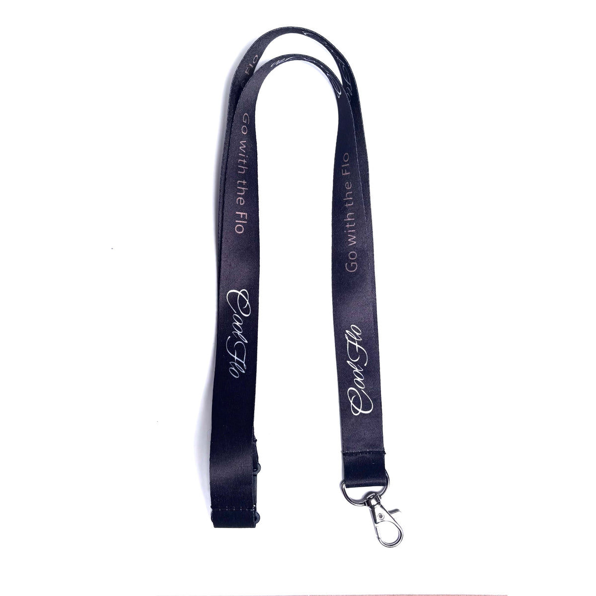 Cool Flo Go with the Flo Lanyard. Black with a white Cool Flo script logo and gold 'Go with the Flo' text.