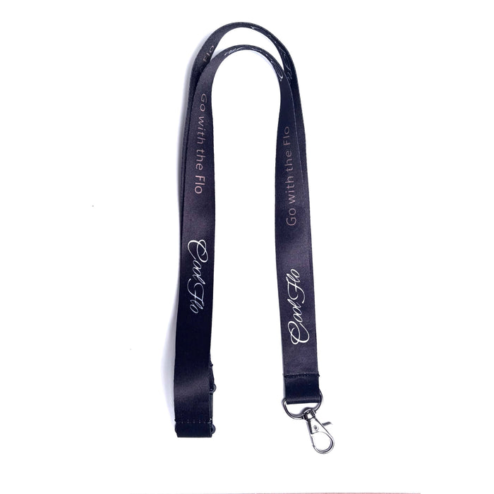 Cool Flo Go with the Flo Lanyard. Black with a white Cool Flo script logo and gold 'Go with the Flo' text.