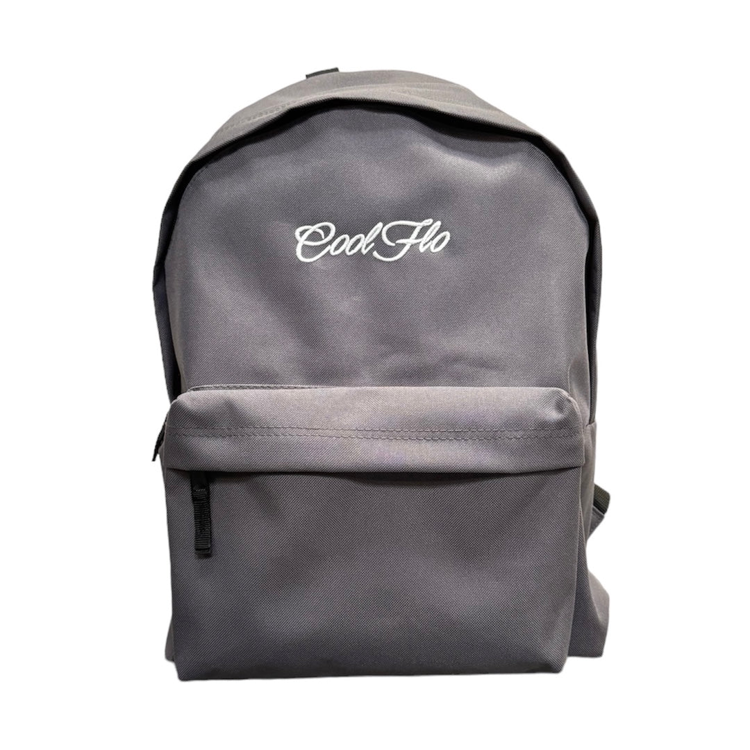 Graphite grey backpack with embroidered white Cool Flo logo on the front