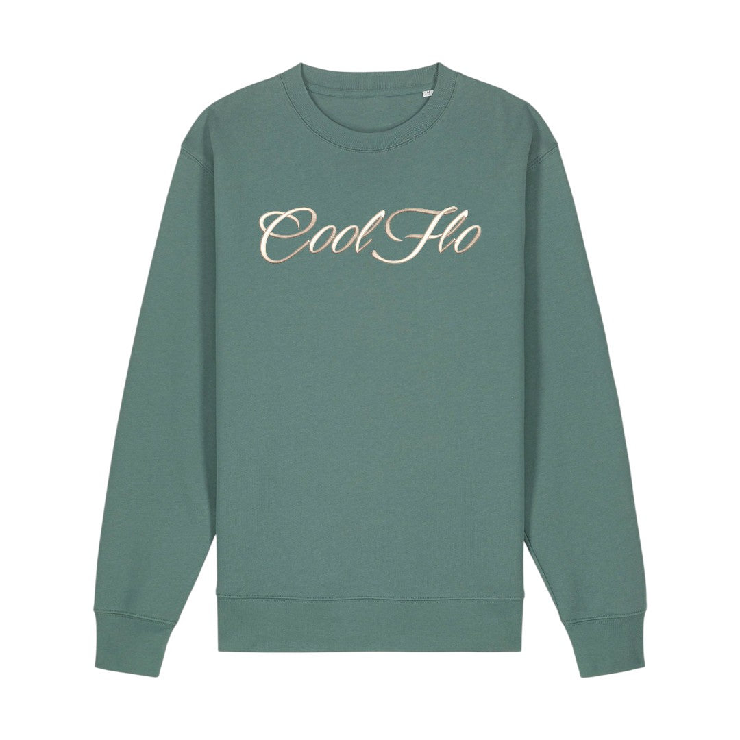 Cool Flo green sweatshirt with 3D stone-colour high build embroidered script logo.