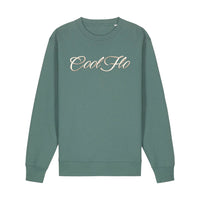 Cool Flo green sweatshirt with 3D stone-colour high build embroidered script logo.