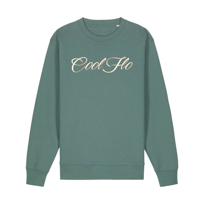 Cool Flo green sweatshirt with 3D stone-colour high build embroidered script logo.