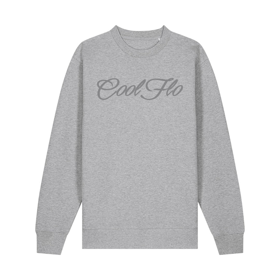 Cool Flo grey sweatshirt with 3D darker grey high build embroidered script logo.