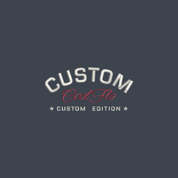 Close-up of custom edition embroidery on dark grey base with silver text and burgundy logo. 
