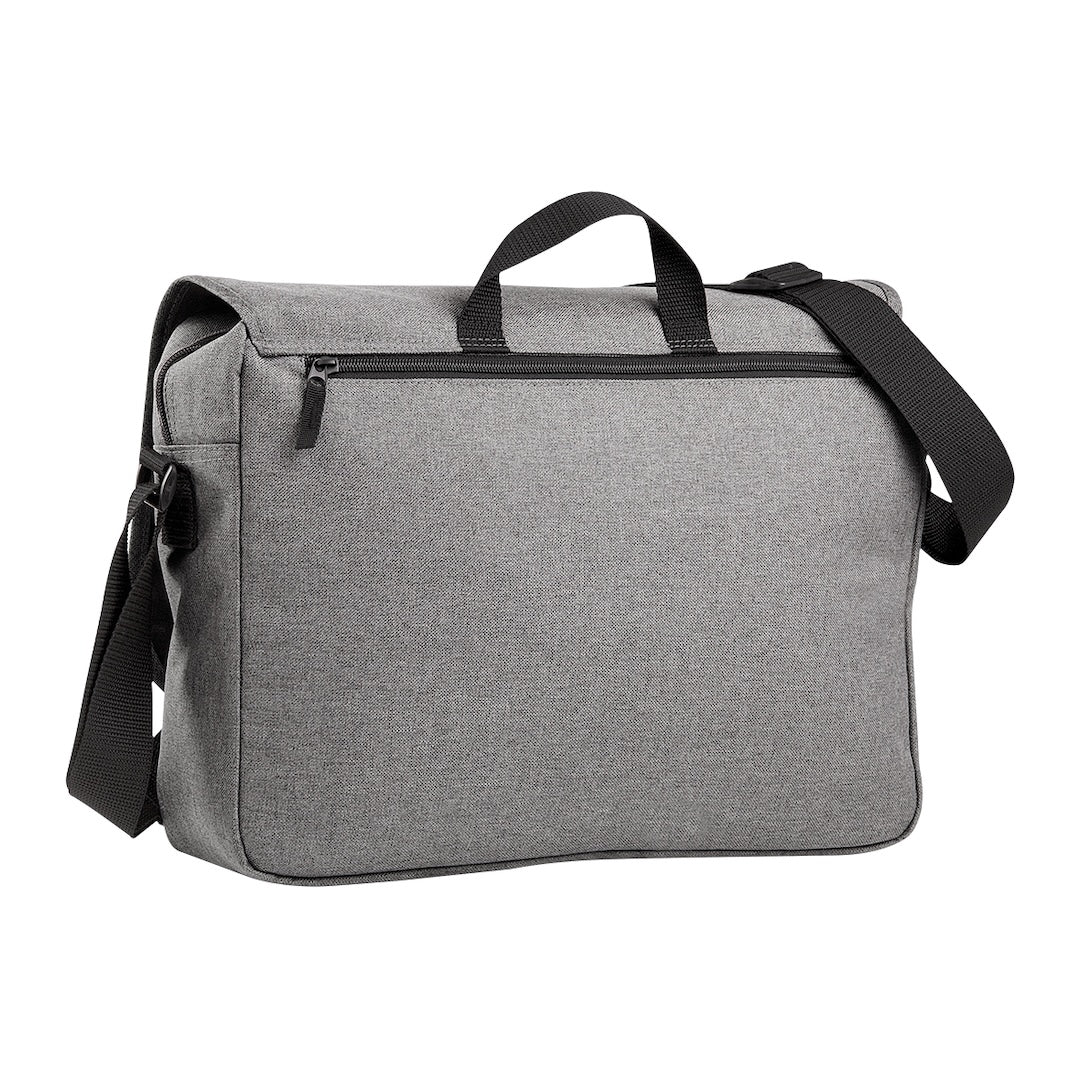 Grey custom build messenger bag with black strap and handles, with zipped compartment on reverse-back view 