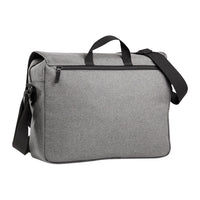 Grey custom build messenger bag with black strap and handles, with zipped compartment on reverse-back view 