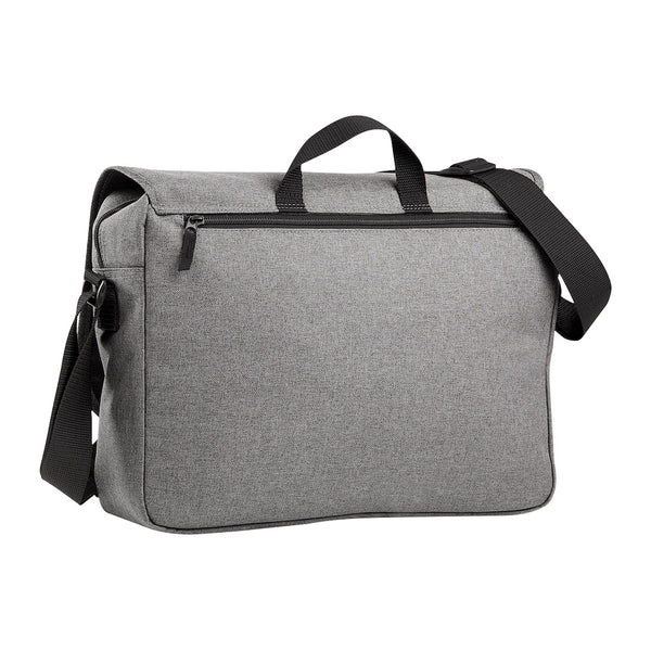 Grey custom build messenger bag with black strap and handles, with zipped compartment on reverse-back view 