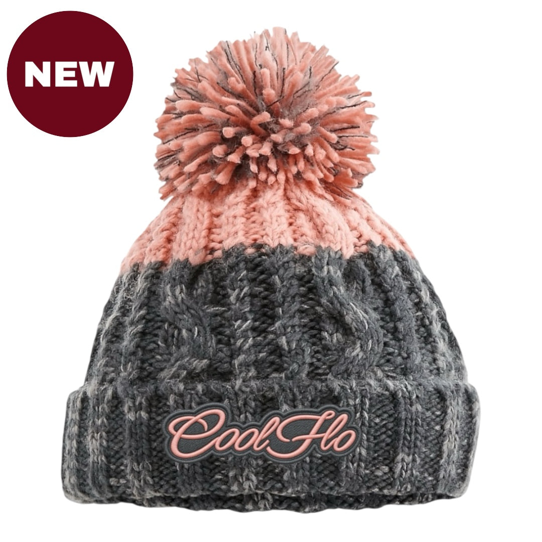 Cool Flo Chamonix Bobble Hat in Grey/Pink with matching Cool Flo embroidered logo on the cuff.