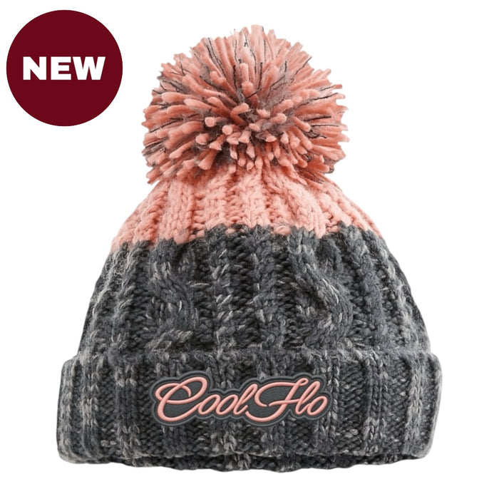 Cool Flo Chamonix Bobble Hat in Grey/Pink with matching Cool Flo embroidered logo on the cuff.