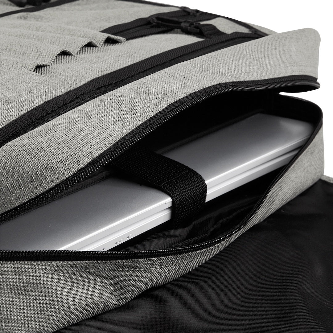 Grey messenger bag with black strap and handles, with zipped compartment-inside view