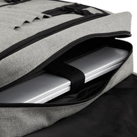 Grey messenger bag with black strap and handles, with zipped compartment-inside view