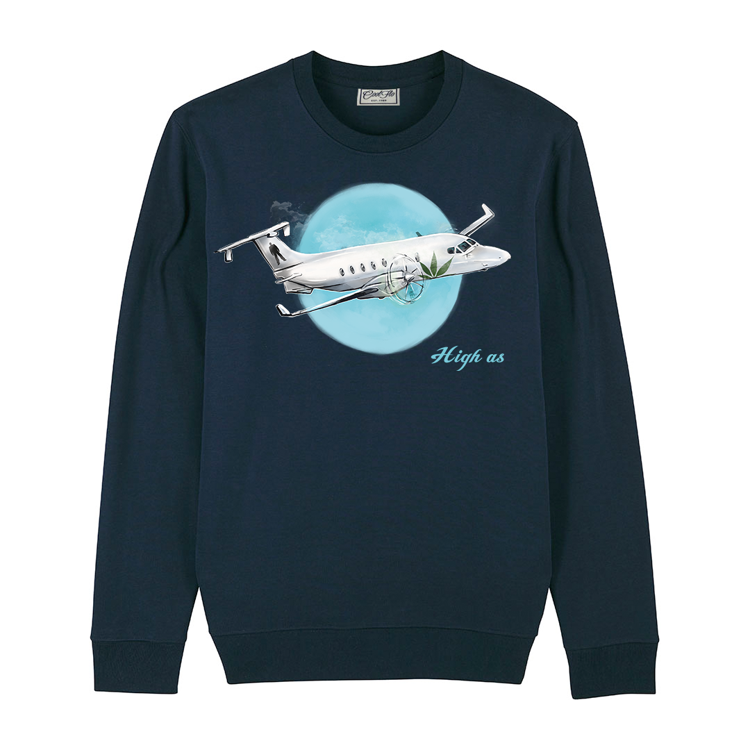 Leeroy Thornhill navy blue sweatshirt with 'High as' design, by Lena Thornhill, printed on the front.