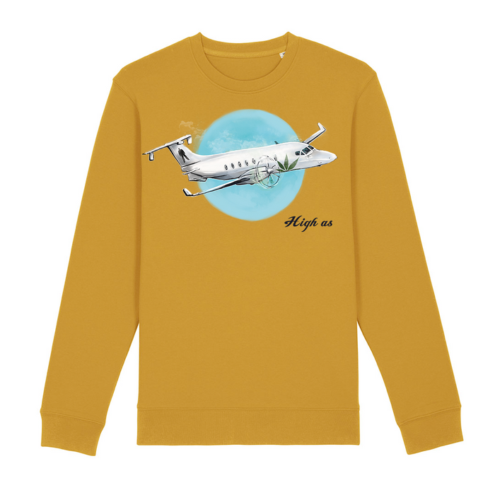 Leeroy Thornhill ochre sweatshirt with 'High as' design, by Lena Thornhill, printed on the front.