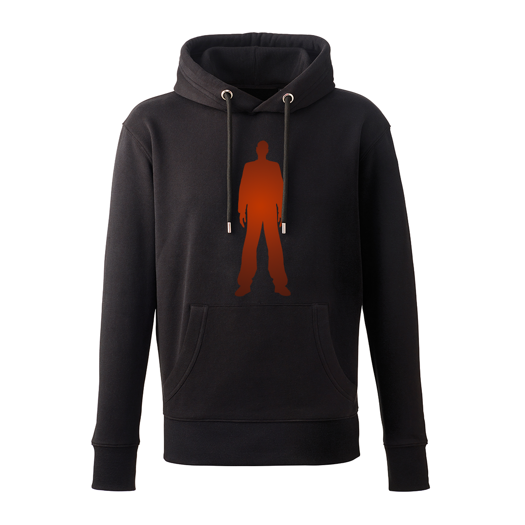 Leeroy Thornhill 'logo' designed by Lena Thornhill.  Black hoodie with large orange logo printed on the front. 