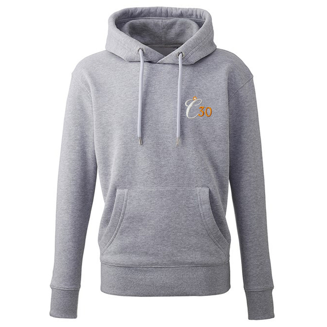Grey hoody with Clockwork Orange C30 logo embroidered left-chest