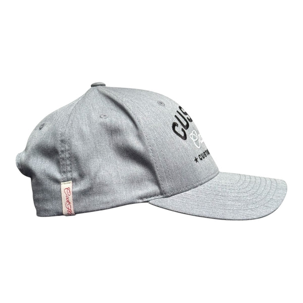 Cool Flo Custom Edition Heather Grey Baseball Cap with black custom embroidery and white logo, side view