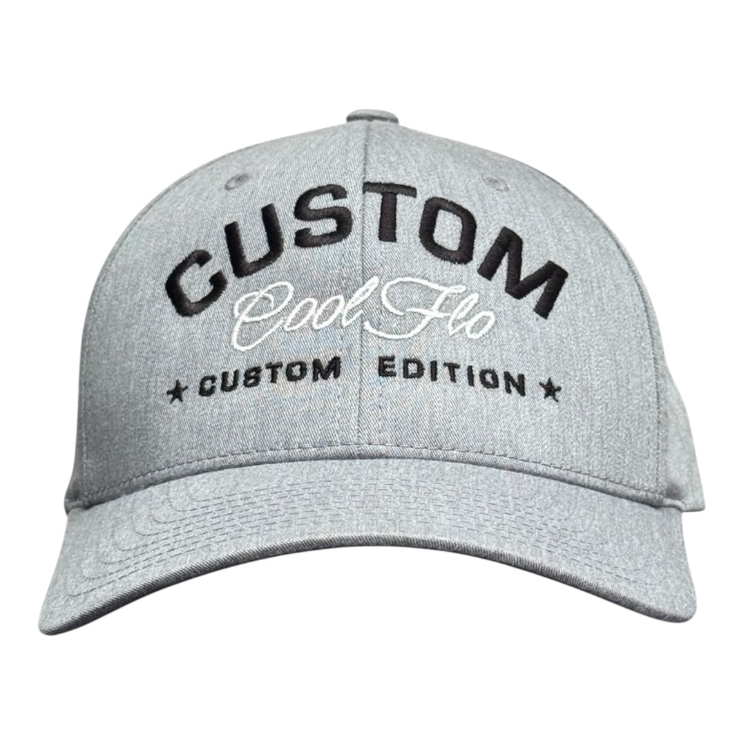 Cool Flo Custom Edition Heather Grey Baseball Cap with black custom embroidery and white logo, front view.