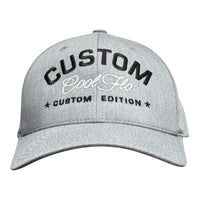 Cool Flo Custom Edition Heather Grey Baseball Cap with black custom embroidery and white logo, front view.