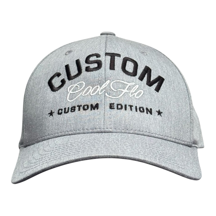 Cool Flo Custom Edition Heather Grey Baseball Cap with black custom embroidery and white logo, front view.