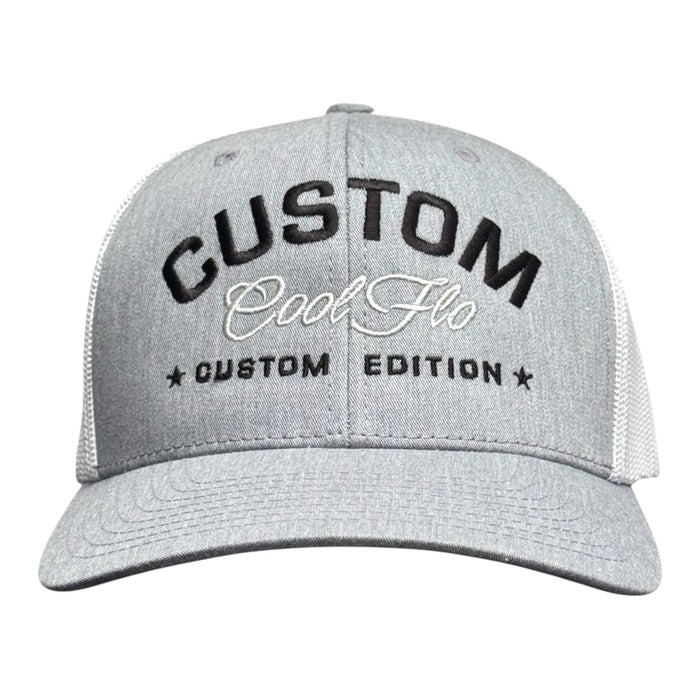 Cool Flo Custom Edition Heather Grey and White Trucker Cap with black custom embroidery and silver/grey logo, front view.