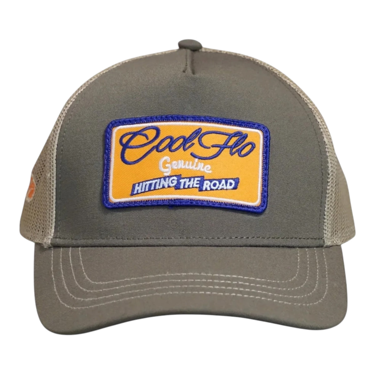 Front view of a Cool Flo Hitting The Road trucker cap in Olive/Khaki featuring an embroidered Hitting The Road badge in Orange, Blue and White and a curved visor