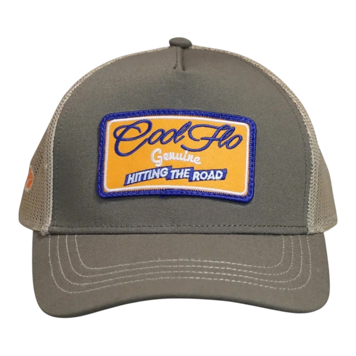 Front view of a Cool Flo Hitting The Road trucker cap in Olive/Khaki featuring an embroidered Hitting The Road badge in Orange, Blue and White and a curved visor