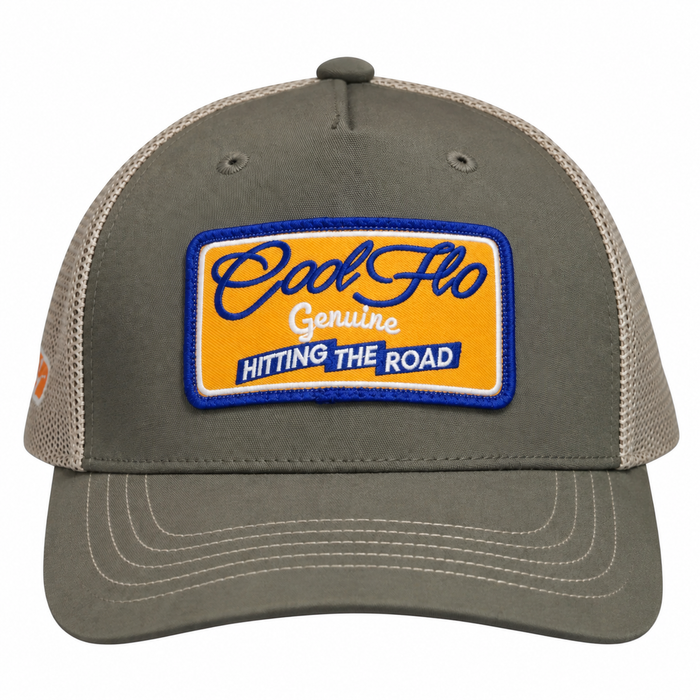 Front view of a Cool Flo Hitting The Road trucker cap in Olive/Khaki featuring an embroidered Hitting The Road badge in Orange, Blue and White and a curved visor.
