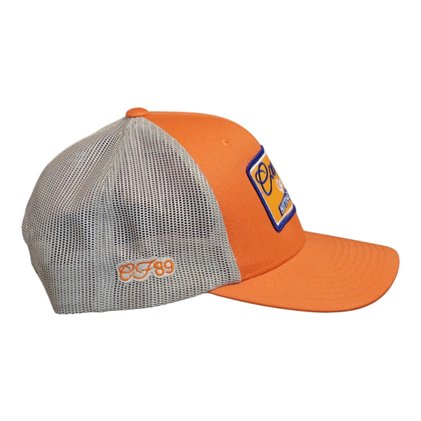 Right side view of a Cool Flo Orange/Khaki Hitting The Road trucker cap featuring CF89 embroidered side detail, breathable mesh back panels and adjustable snapback fastening