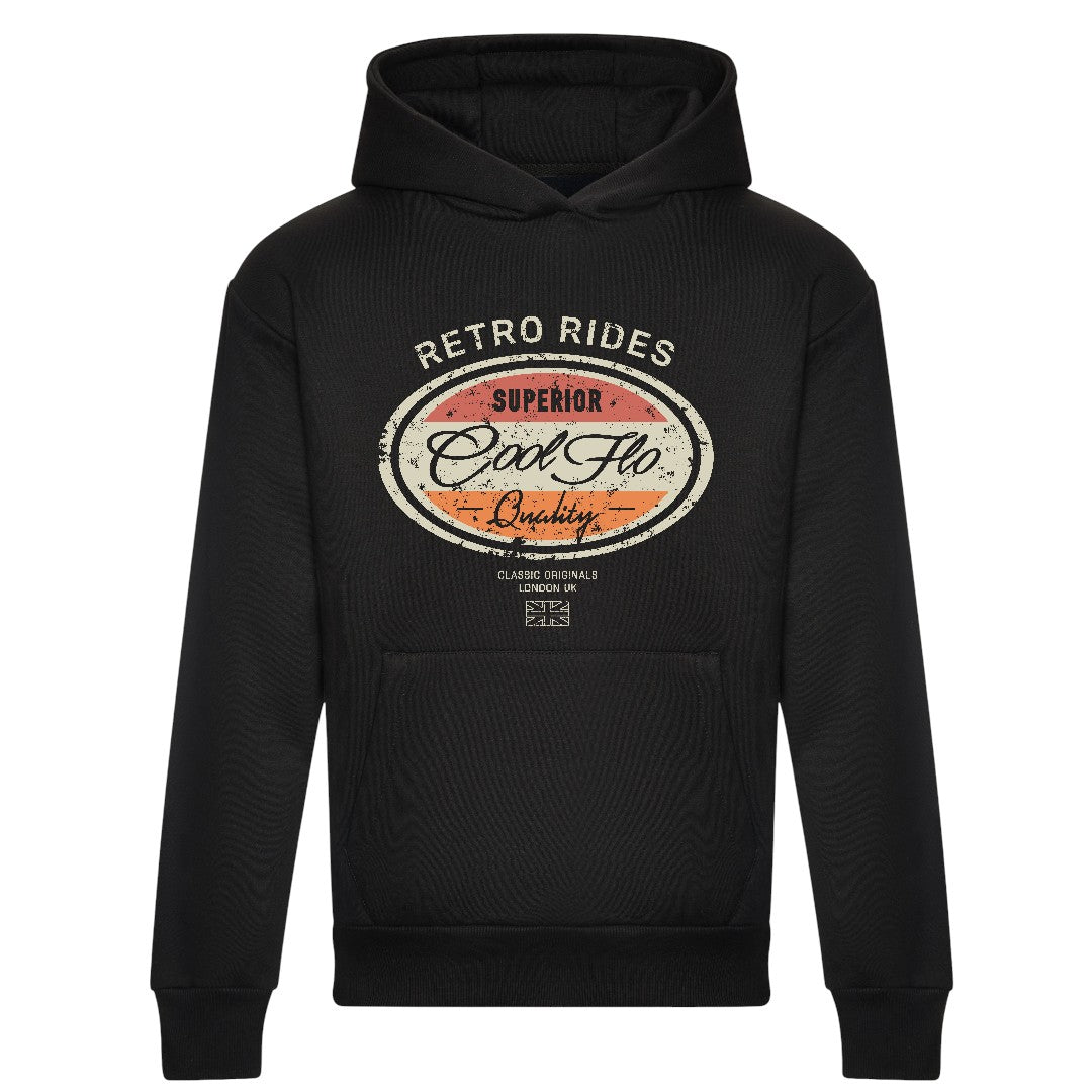 Cool Flo 'Retro Rides' black hoodie with red, orange and cream print design on the chest.  