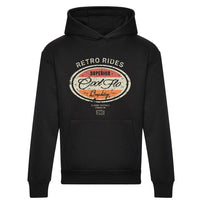 Cool Flo 'Retro Rides' black hoodie with red, orange and cream print design on the chest.  