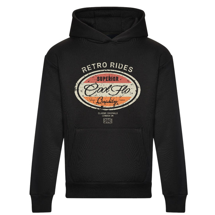 Cool Flo 'Retro Rides' black hoodie with red, orange and cream print design on the chest.  