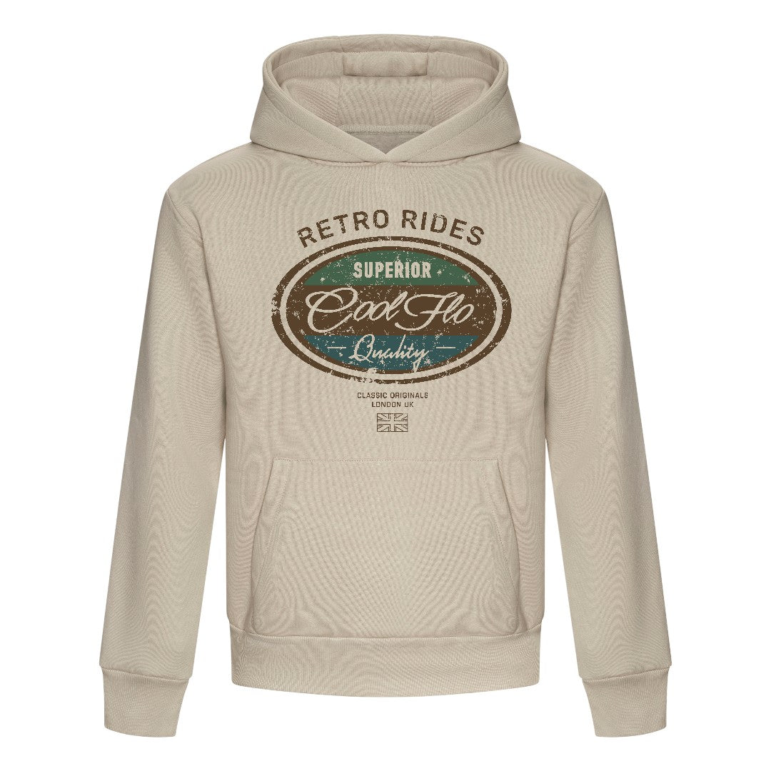 Cool Flo 'Retro Rides' stone-coloured hoody with brown, green and teal print design on chest.  