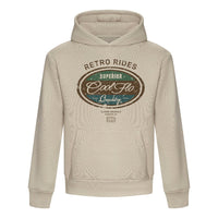 Cool Flo 'Retro Rides' stone-coloured hoody with brown, green and teal print design on chest.  