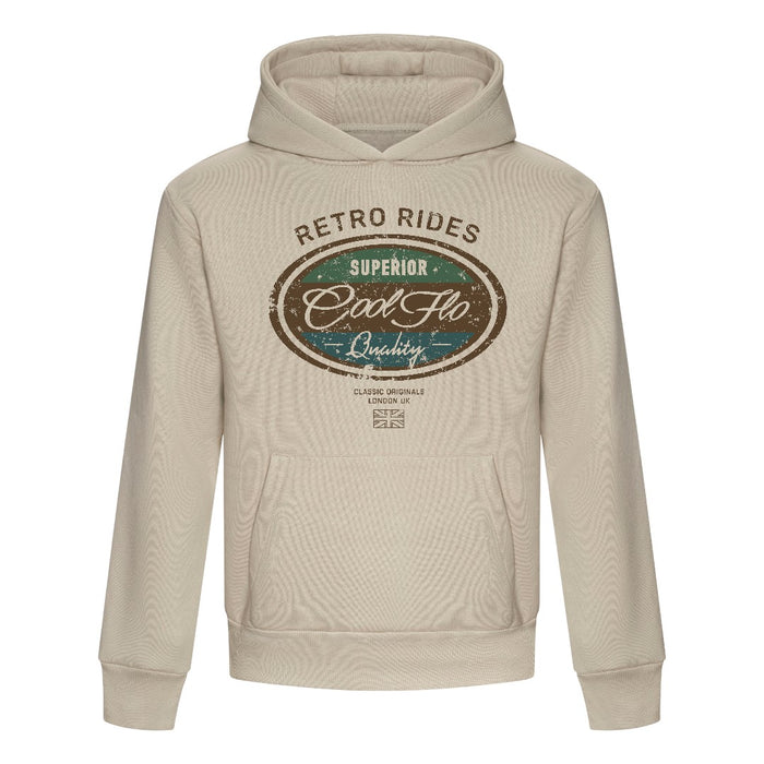 Cool Flo 'Retro Rides' stone-coloured hoody with brown, green and teal print design on chest.  
